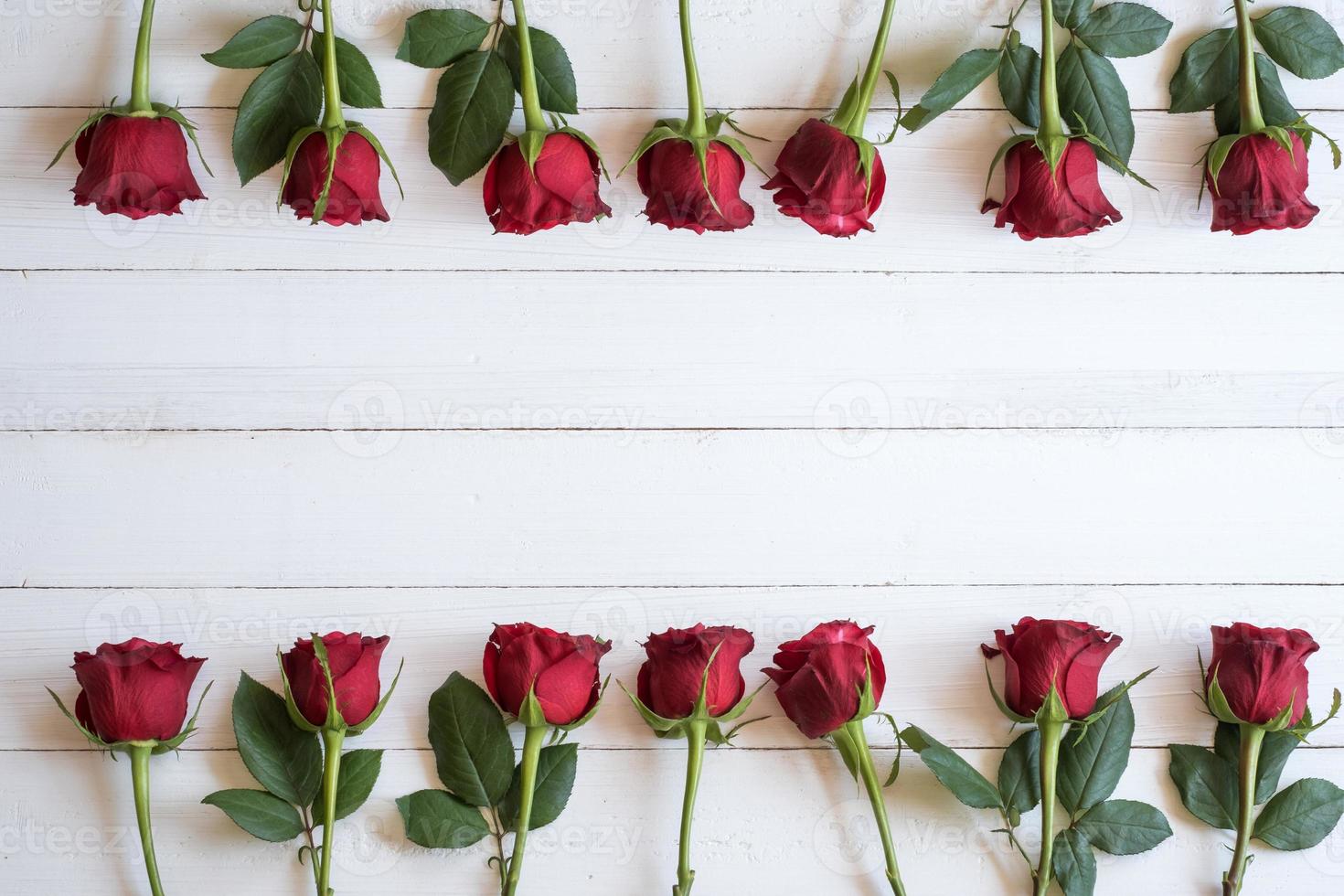 Border of red roses background. Beautiful fresh red roses symbolic of love and romance on wooden background for Valentine's day, wedding, birthday and special occasion concept. Copy space for text. photo