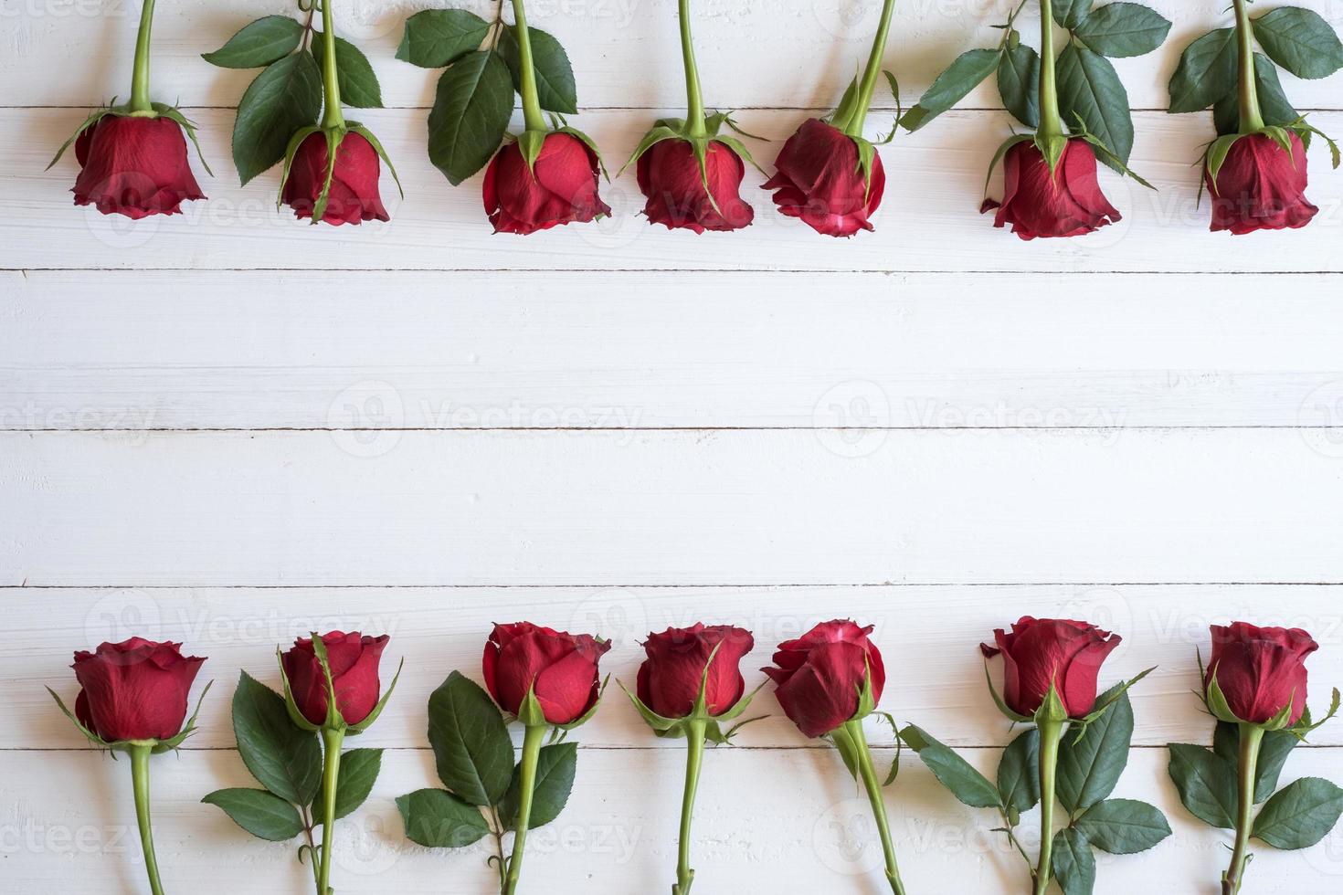 Border of red roses background. Beautiful fresh red roses symbolic of love and romance on wooden background for Valentine's day, wedding, birthday and special occasion concept. Copy space for text. photo