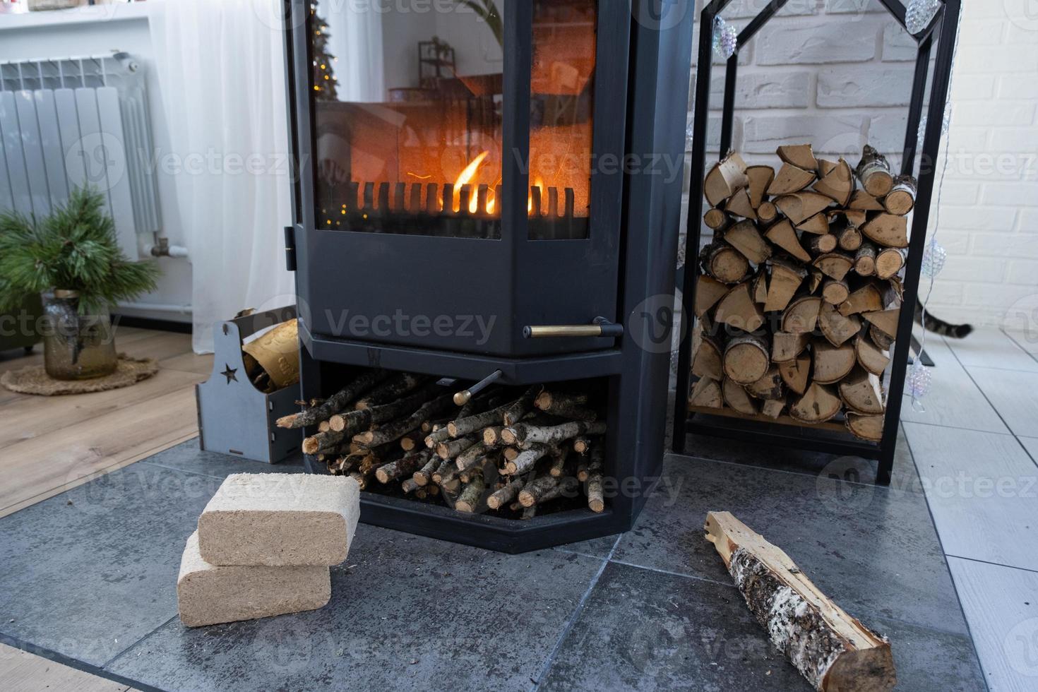Fuel briquettes made of pressed sawdust for kindling the furnace - economical alternative eco-friendly fuel for the fireplace in the house. Firewood is burning in the oven in the interior photo