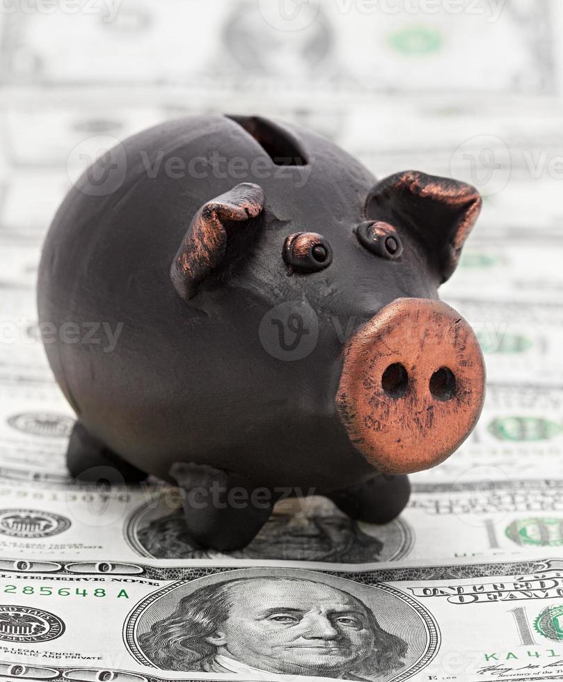 Money and black piggy bank photo