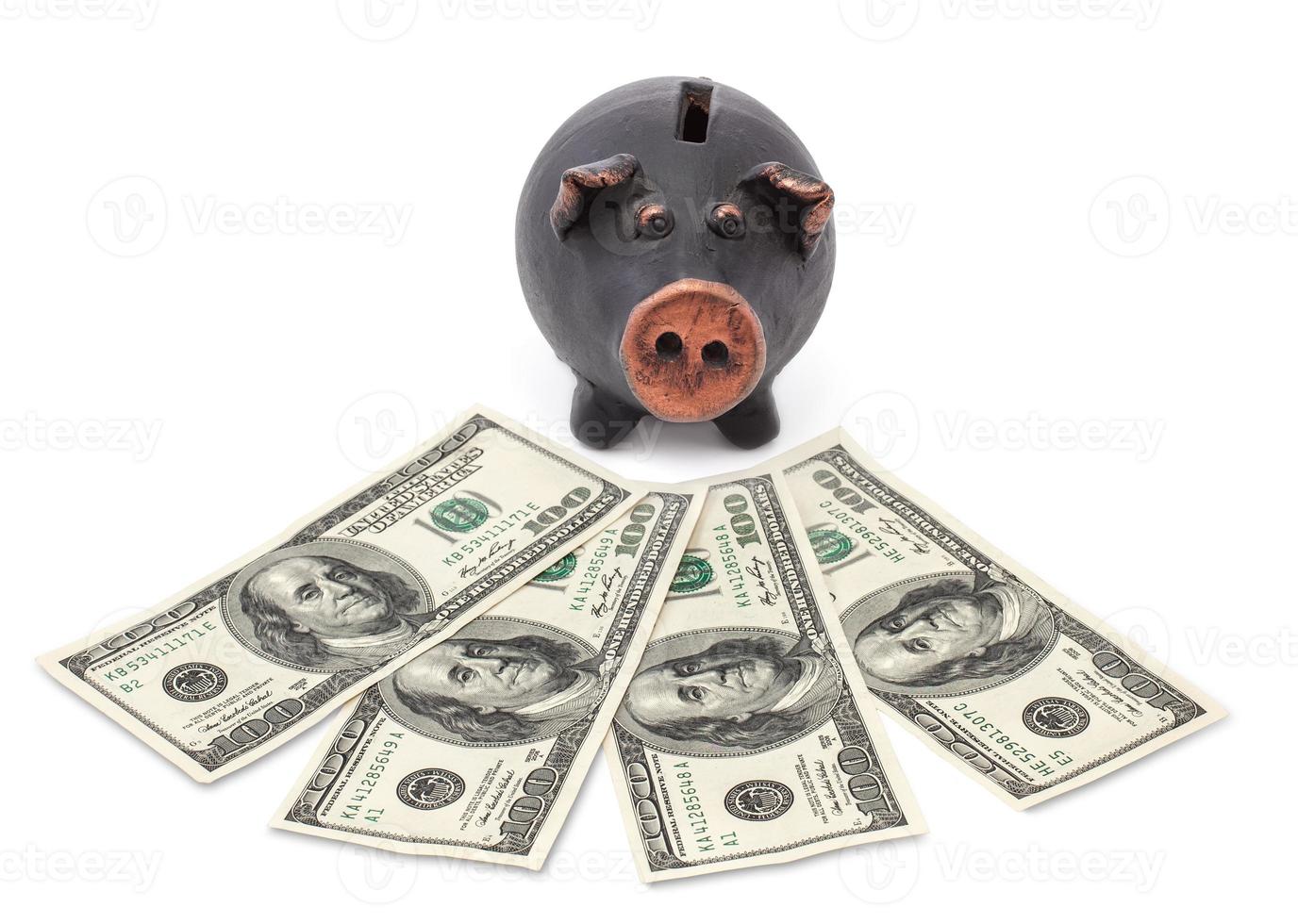 Money and black piggy bank photo