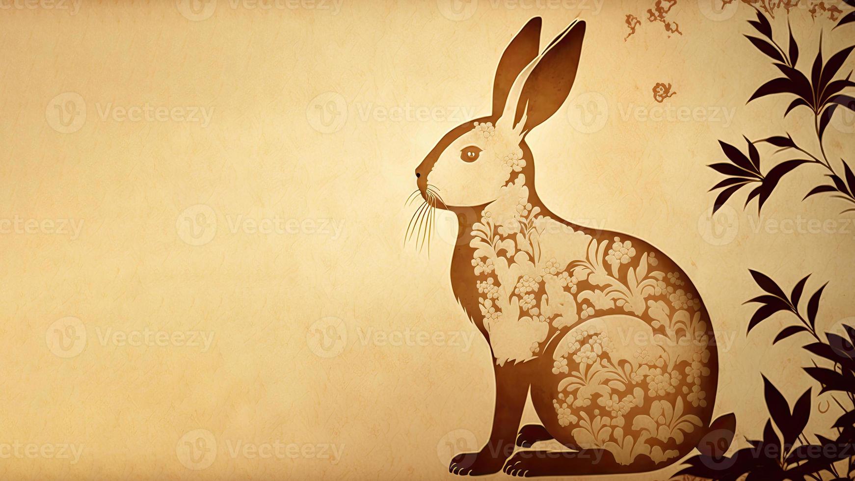 Celebration landing page template. Happy Chinese New Year banner template. Red paper rabbit decorations on red background. Traditional holiday lunar New Year photo