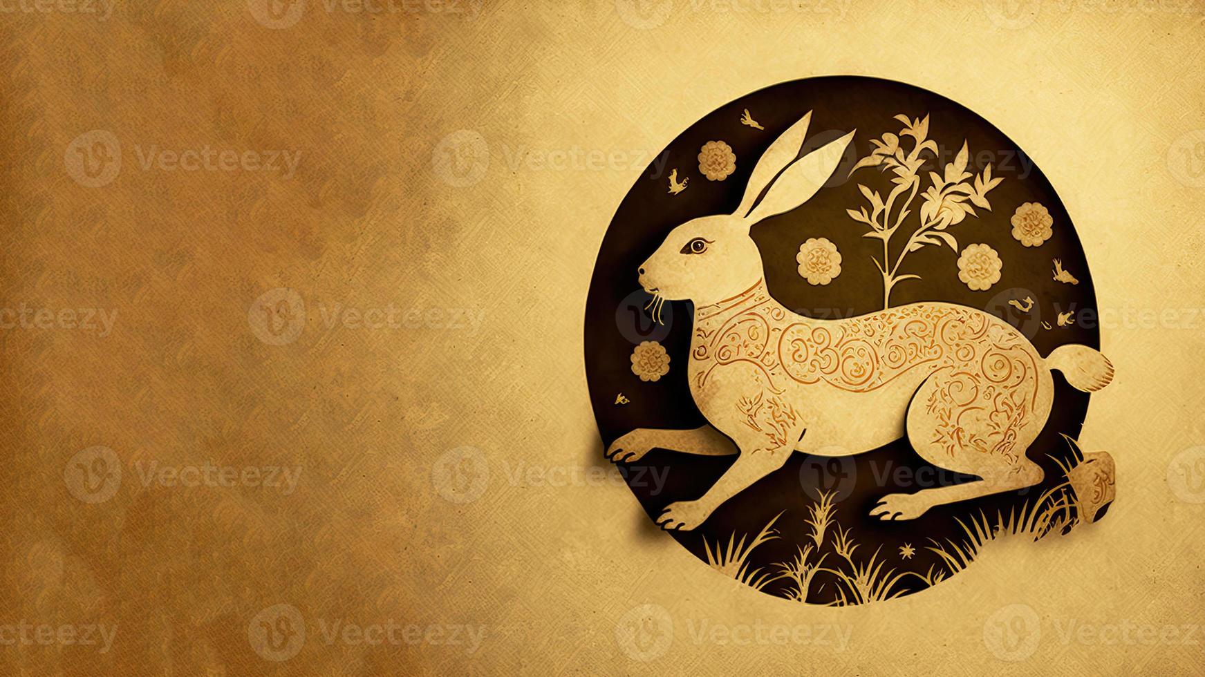 Celebration landing page template. Happy Chinese New Year banner template. Red paper rabbit decorations on red background. Traditional holiday lunar New Year photo