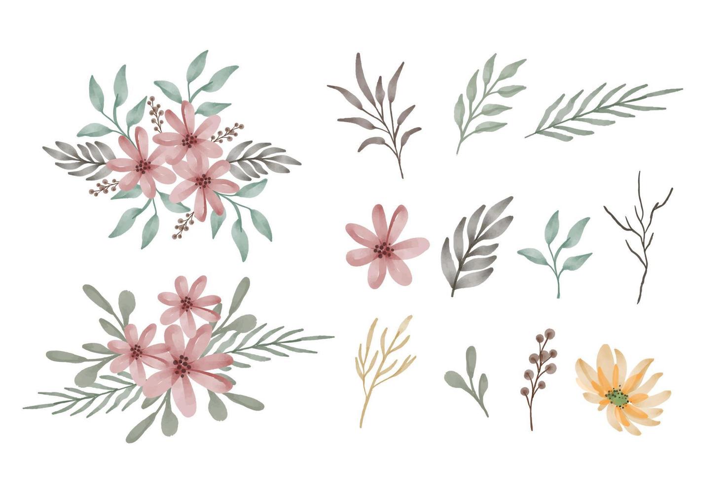 a set of watercolor flower and leaves element vector