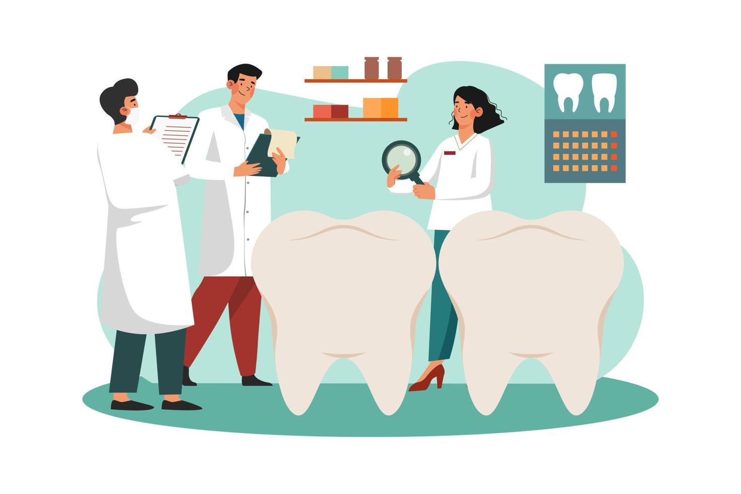 Dentists Discuss Teeth Techniques In The Clinic. vector