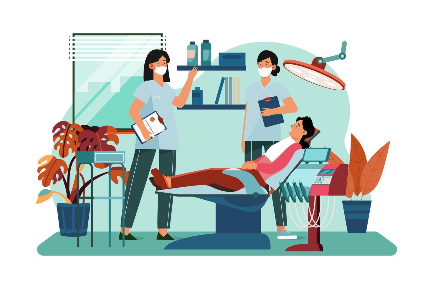 Dentist Checking Patient's Teeth Sitting With Open Mouth. vector
