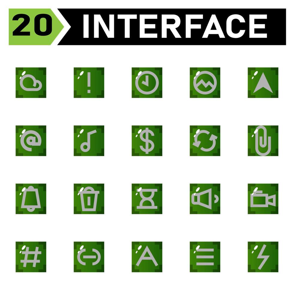 Interface icon set include cloud, weather, interface, caution, warning, attention, important, time, timer, clock, alarm, picture, photo, gallery, message, mail, letter, chat, email, envelope, music vector