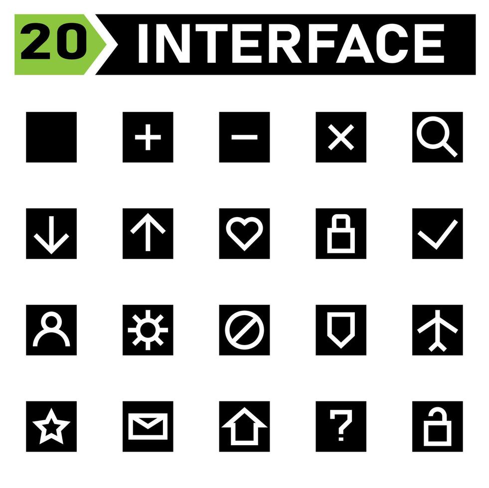 El ícono de la interfaz incluye espacio en blanco, cuadrado, interfaz, más, agregar, nuevo, abrir, menos, eliminar, eliminar, cruzar, cerrar, buscar, mirar, encontrar, ampliar, ampliar, descargar, flecha, abajo, cargar, arriba, hogar, como vector