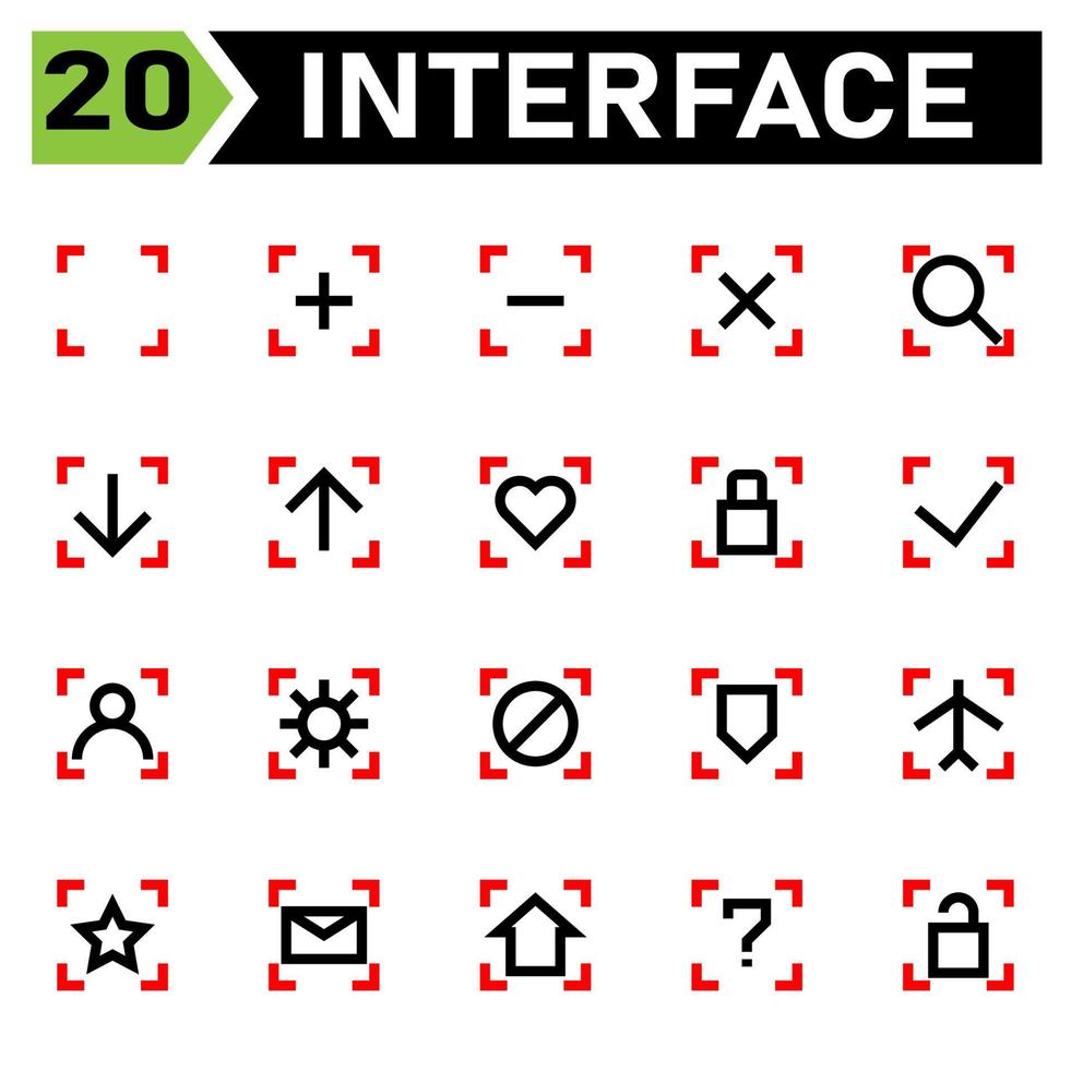 Interface icon include blank, square, interface, plus, add, new, open, minus, delete, remove, cross, close, search, looking, find, zoom, magnifying, download, arrow, down, upload, up, hearth, like vector