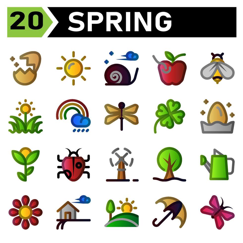 Spring icon set include turbine, wind, windmill, plant, ecology, tree, gardening, watering, cans, sunflower, scent, farm, farmer, ranch, landscape, house, hills, umbrella, protection, butterfly, fly vector