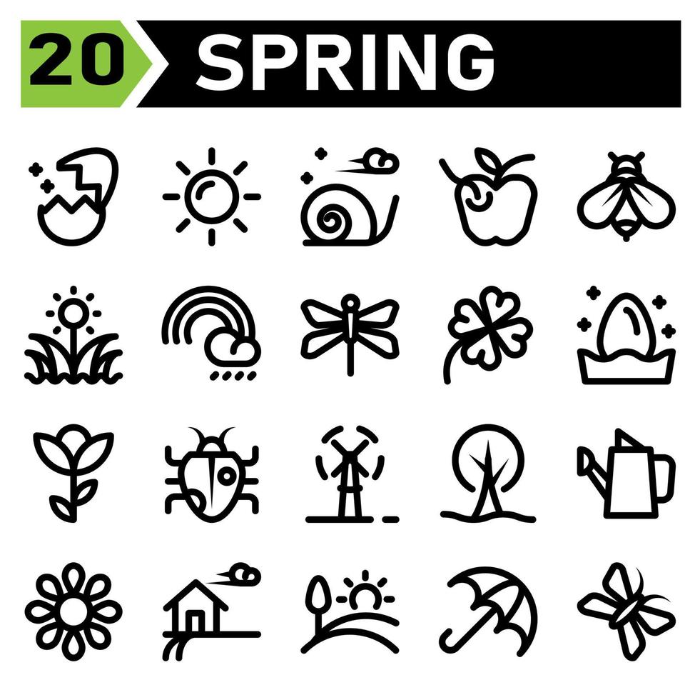 Spring icon set include turbine, wind, windmill, plant, ecology, tree, gardening, watering, cans, sunflower, scent, farm, farmer, ranch, landscape, house, hills, umbrella, protection, butterfly, fly vector