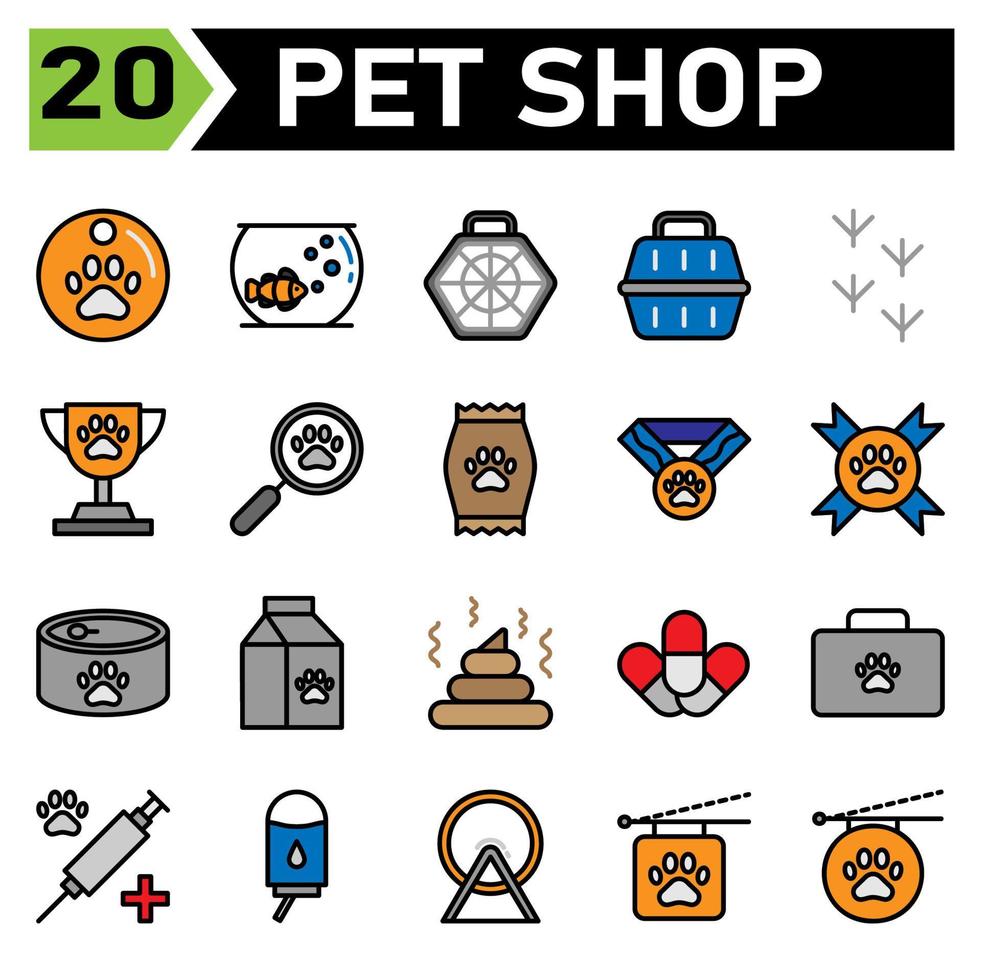 pet shop icon set include medal, pet, paw, pets, animal, goldfish, aquarium, fish, cage, cat, dog, carrier, carry, bird, mark, trace, feet, trophy, award, reward, contest, search, magnify, find, food vector