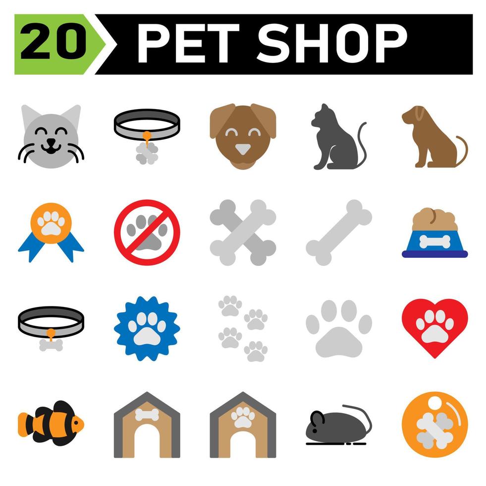 pet shop icon set include cat, pet, animal, emoticon, face, collar, dog, tag, track, pets, medal, award, paw, contest, warning, attention, alert, bone, food, chew, toys, nutrition, meal, achievement vector