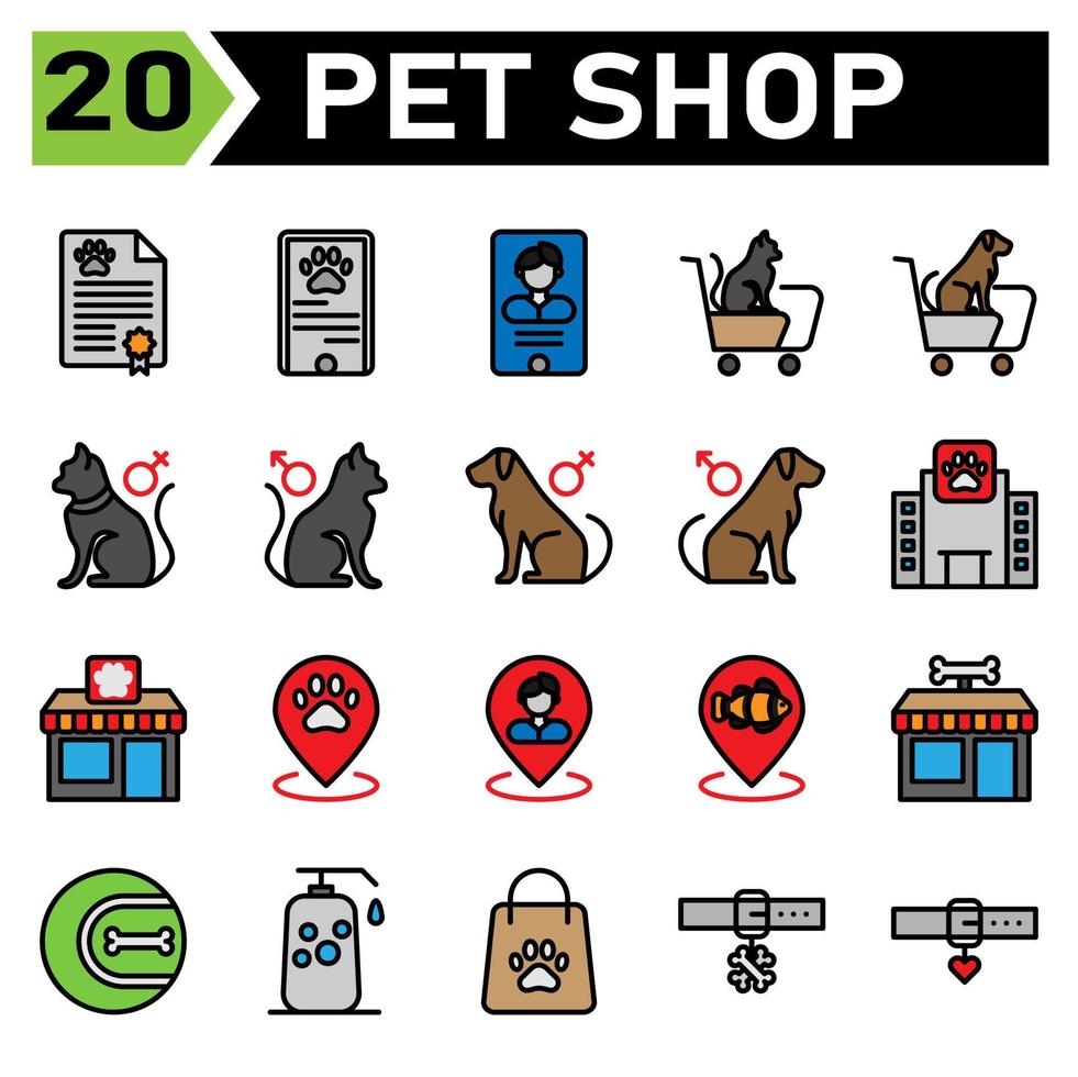 el conjunto de iconos de la tienda de mascotas incluye certificado, animal, mascota, tienda, pasaporte, teléfono, tienda de mascotas, gato, perro, médico, veterinario, tranvía, género, mujer, hombre, hospital, edificio, pata, comida, pin, mapa, pescado, hueso vector