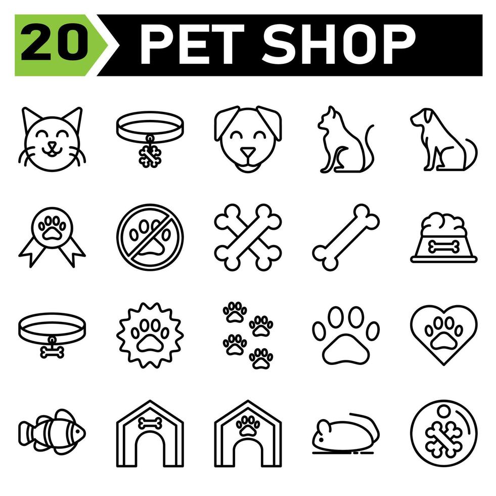 pet shop icon set include cat, pet, animal, emoticon, face, collar, dog, tag, track, pets, medal, award, paw, contest, warning, attention, alert, bone, food, chew, toys, nutrition, meal, achievement vector