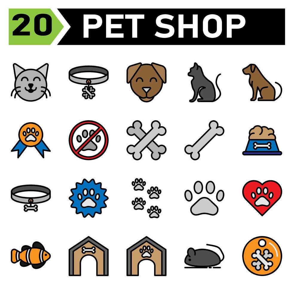 pet shop icon set include cat, pet, animal, emoticon, face, collar, dog, tag, track, pets, medal, award, paw, contest, warning, attention, alert, bone, food, chew, toys, nutrition, meal, achievement vector