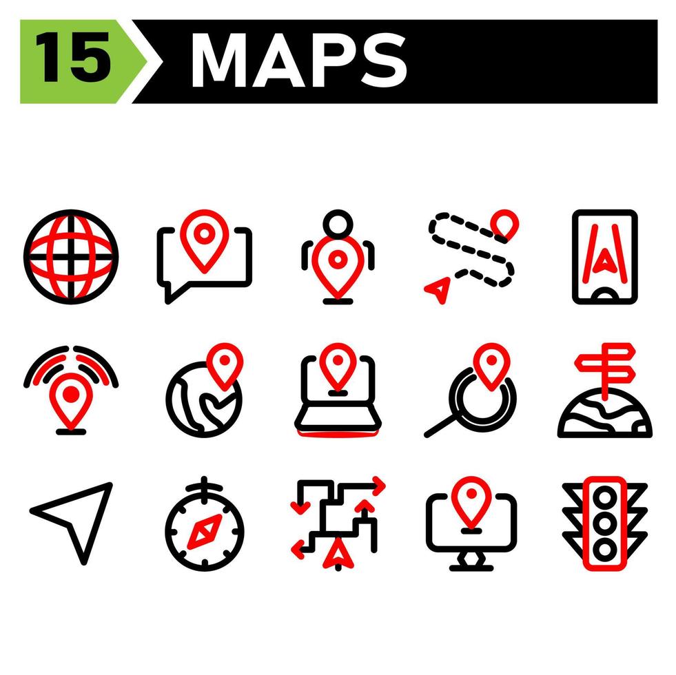 Maps And Navigation icon include globe, world, map, navigation, chat, communication, message, pin, user, road, location, destination, phone, place, signal, navigation, laptop, search, find vector