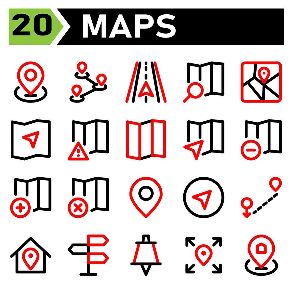 El icono de mapas incluye el marcador de ubicación del mapa, la navegación, la ruta, los mapas, la dirección, el conjunto de iconos de carreteras incluyen. vector