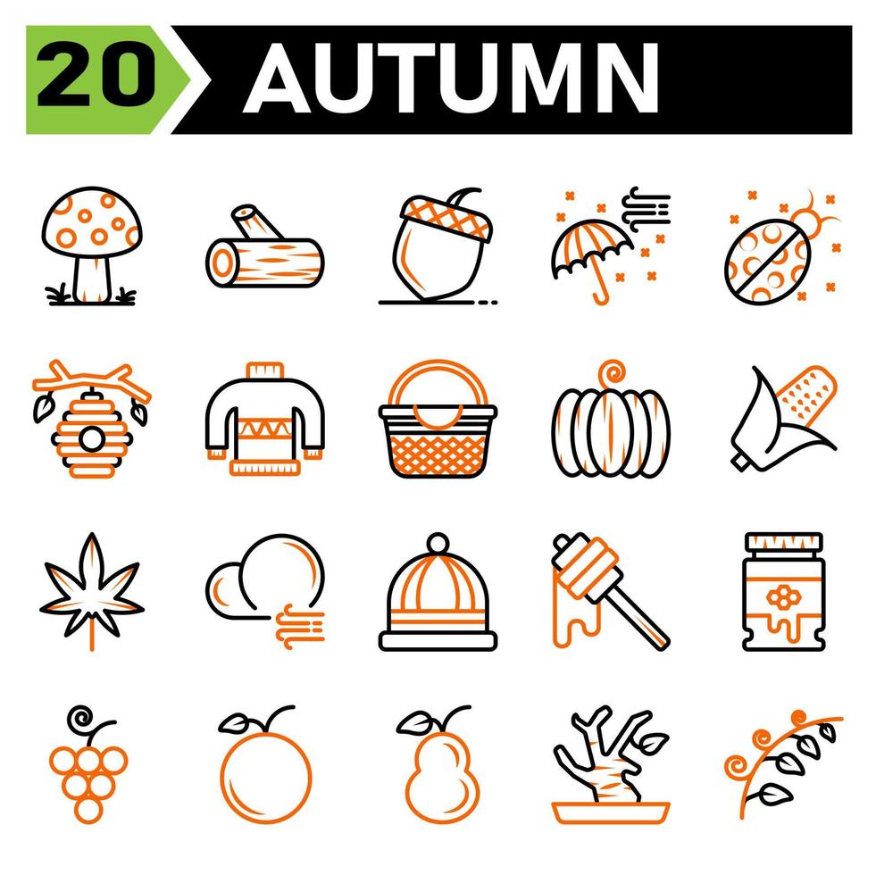 Autumn icon set include mushroom fall plant lumber piece of wood trunk chestnut nut peanut umbrella air bugs bug insect beehive bee honey sweater warm basket holiday thanksgiving pumpkin vegetable vector