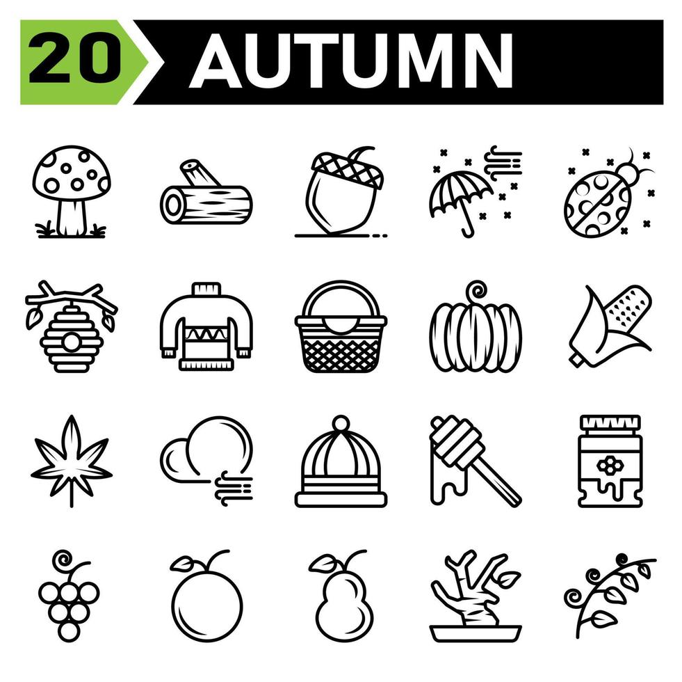 Autumn icon set include mushroom fall plant lumber piece of wood trunk chestnut nut peanut umbrella air bugs bug insect beehive bee honey sweater warm basket holiday thanksgiving pumpkin vegetable vector