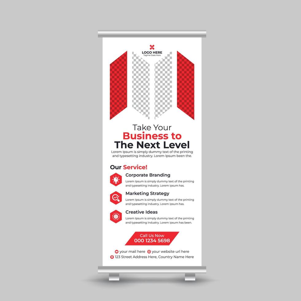 Professional Modern Unique Corporate Stylish Roll Up Banner Template Example Sample, Modern Business Signage Standee X Banner Pop Up Design Download with Creative Shapes Free Vector