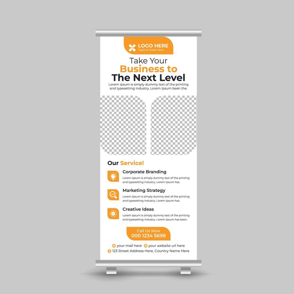 Corporate Roll Up Banner Design Stand Template for Business Corporation or Agency with Presentation Free Vector