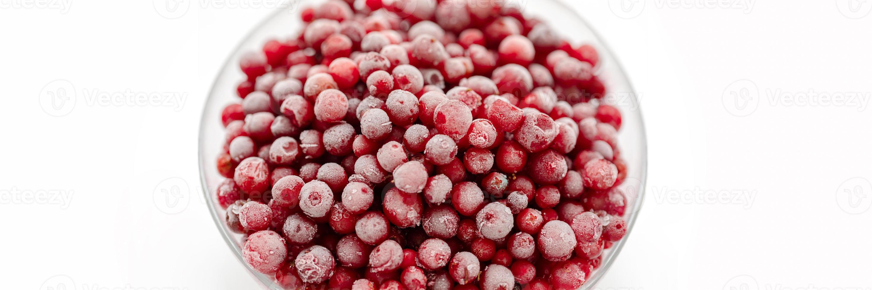 Frozen lingonberry in bowl close up on white plate on white. Banner. Top view. Copy space. photo