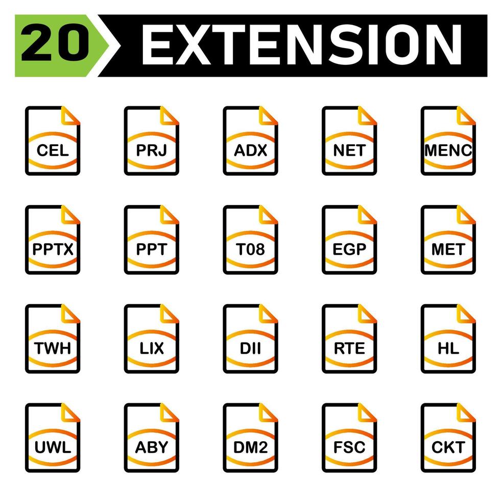 El ícono de extensión de archivo incluye cel, prj, adx, net, menc, pptx, ppt, t08, egp, met, twh, lix, dii, rte, hl, uwl, aby, dm2, fsc, ckt, vector