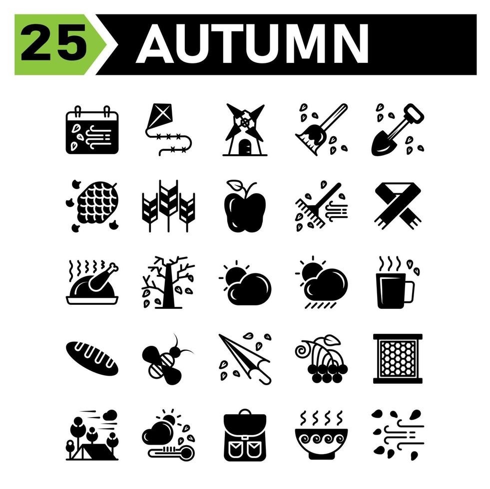 Autumn icon set include calendar autumn fall event date windmill building housekeeping broom shovel spade pine nature cone grain wheat season apple fruit fork garden autumn scarf thanksgiving chicken vector