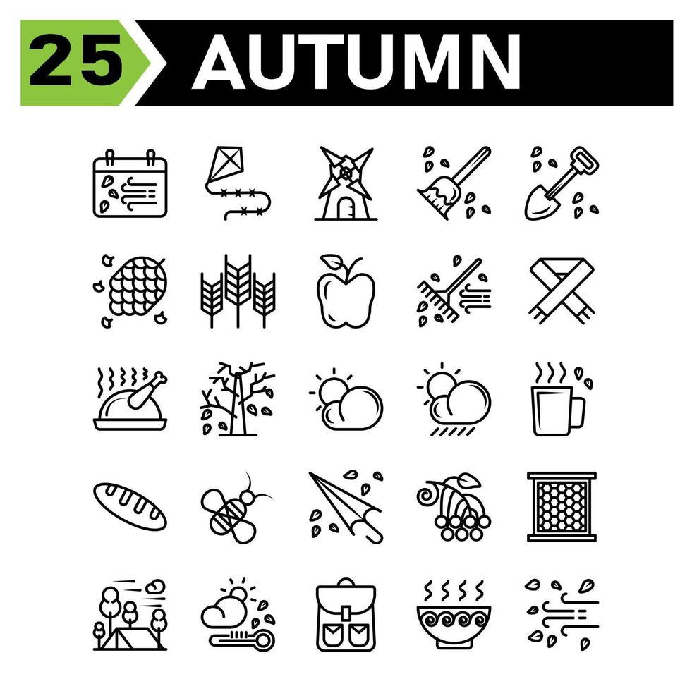 Autumn icon set include calendar autumn fall event date windmill building housekeeping broom shovel spade pine nature cone grain wheat season apple fruit fork garden autumn scarf thanksgiving chicken vector