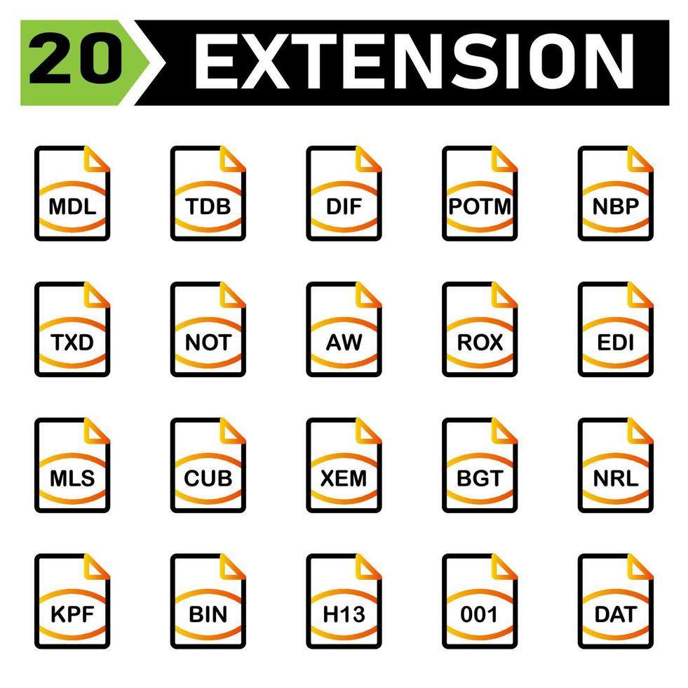 El ícono de extensión de archivo incluye mdl, tdb, dif, potm, nbp, txd, not, aw, rox, edi, mls, cub, xem, bgt, nrl, kpf, bin, h13, 001, dat, archivo, documento, extensión, icono, tipo, conjunto, formato, vector, símbolo vector