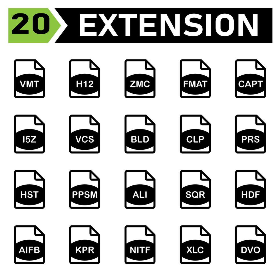 File Extension icon include vmt, h12, zmc, fmat, capt, i5z, vcs, bld, clp, prs, hst, ppsm, ali, sqr, hdf, aifb, kpr, nitf, xlc, dvo, file, format, extension, document, sign, vector