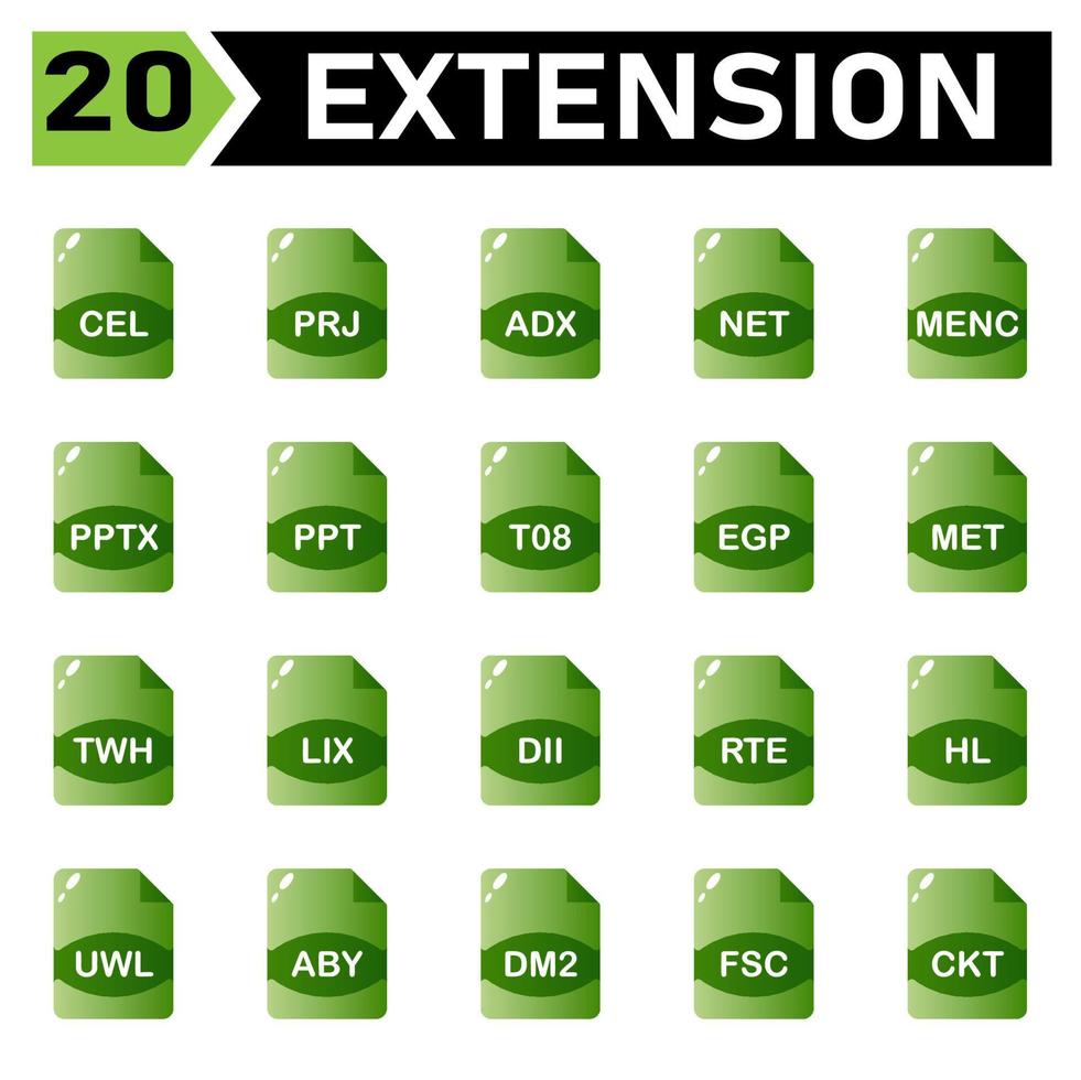 El ícono de extensión de archivo incluye cel, prj, adx, net, menc, pptx, ppt, t08, egp, met, twh, lix, dii, rte, hl, uwl, aby, dm2, fsc, ckt, vector