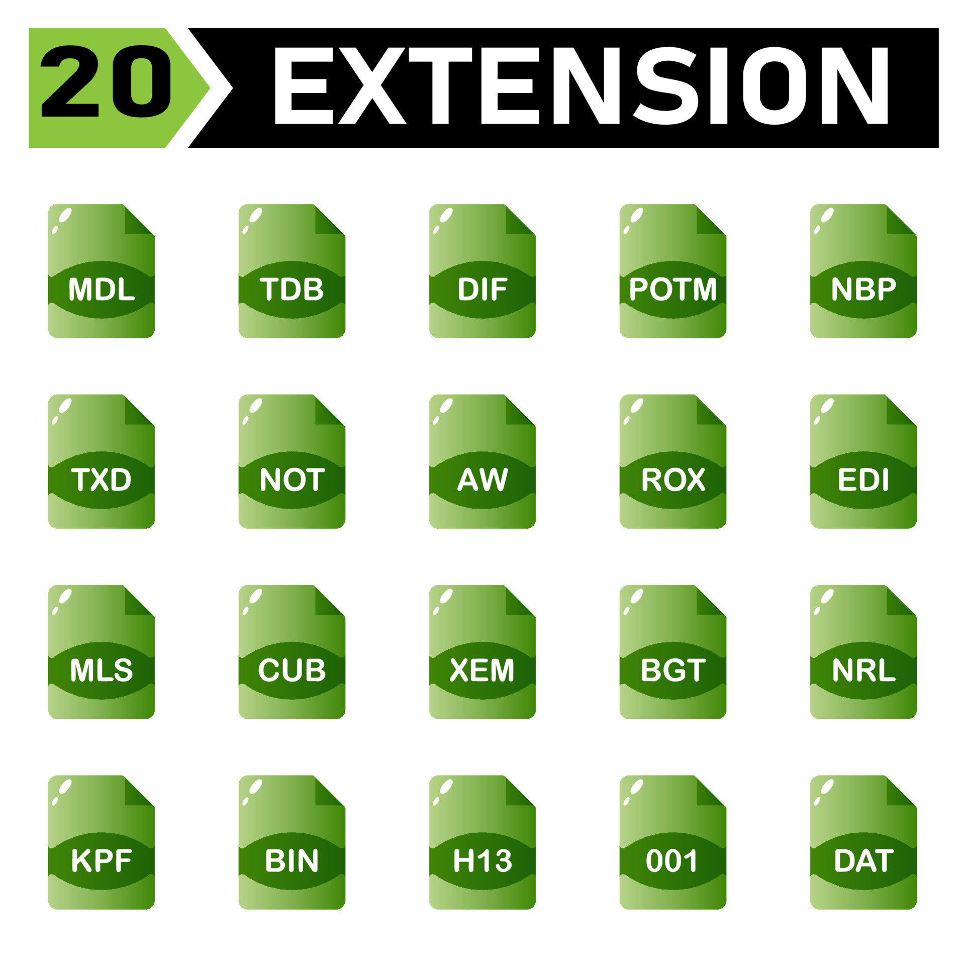 file extension icon include mdl, tdb, dif, potm, nbp, txd, not, aw, rox