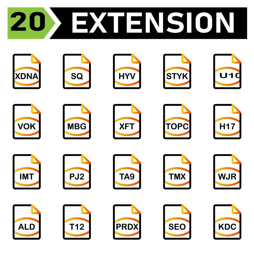 El ícono de extensión de archivo incluye xdna, sq, hyv, styk, u10, vok, mbg, xft, topc, h17, imt, pj2, ta9, tmx, wjr, ald, t12, prdx, seo, kdc, vector