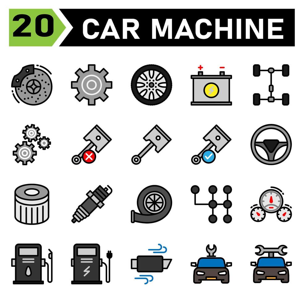 car machine icon set include brake, disc, brakes, automobile, service, gear, part, setting, cog, cog wheel, wheel, tires, car, assembling, tire, machine, battery, accumulator, repair, piston, forces vector