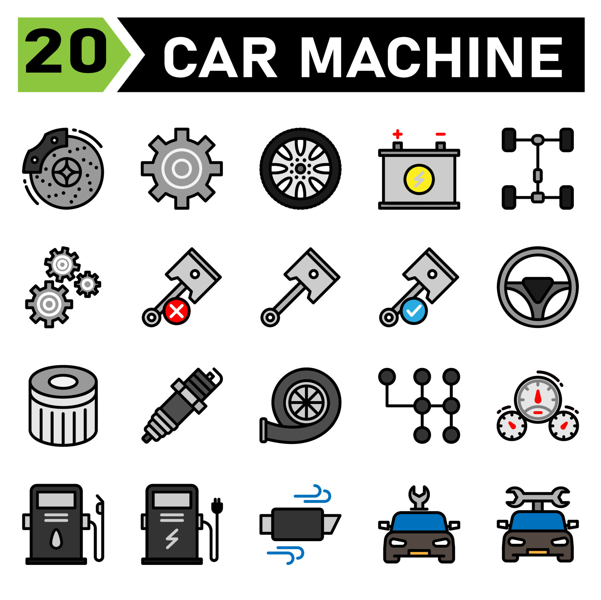 car machine icon set include brake, disc, brakes, automobile, service