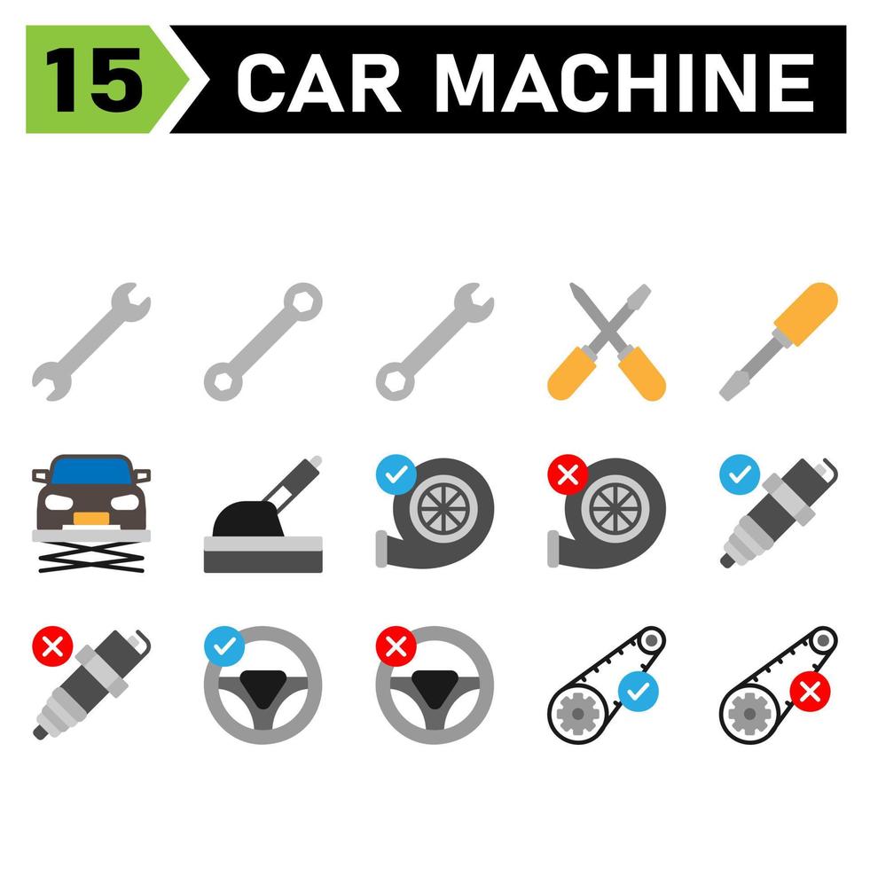 el conjunto de iconos de la máquina del automóvil incluye herramientas, herramienta, llave inglesa, configuración, automóvil, destornillador, elevador, servicio, mantenimiento, automóvil, freno de mano, freno, turbo, máquina, motor, aceptar, roto, chispa, enchufe, mecánico vector