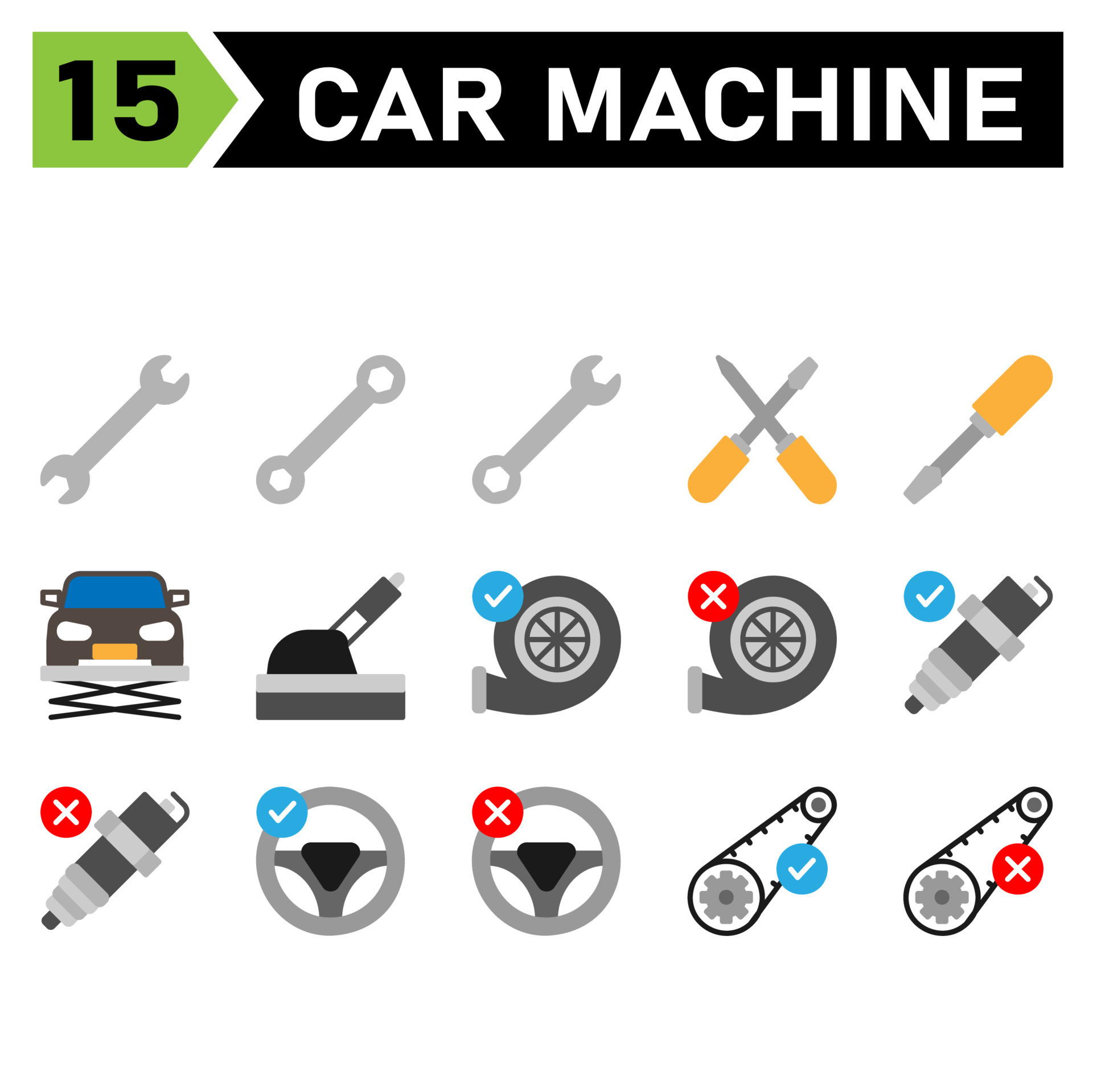 car machine icon set include tools, tool, wrench, setting, car