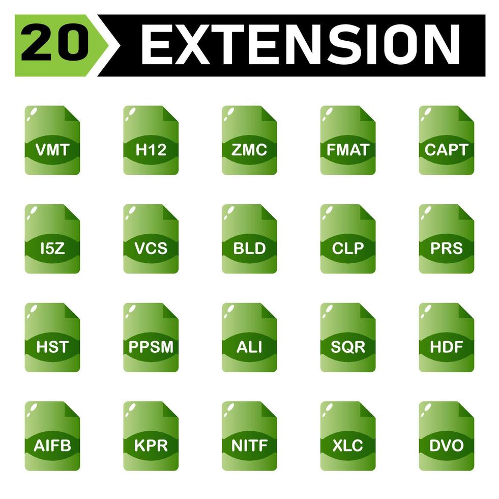 El icono de extensión de archivo incluye vmt, h12, zmc, fmat, capt, i5z, vcs, bld, clp, prs, hst, ppsm, ali, sqr, hdf, aifb, kpr, nitf, xlc, dvo, archivo, formato, extensión, documento, firmar, vector