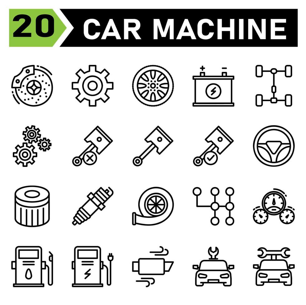 car machine icon set include brake, disc, brakes, automobile, service, gear, part, setting, cog, cog wheel, wheel, tires, car, assembling, tire, machine, battery, accumulator, repair, piston, forces vector