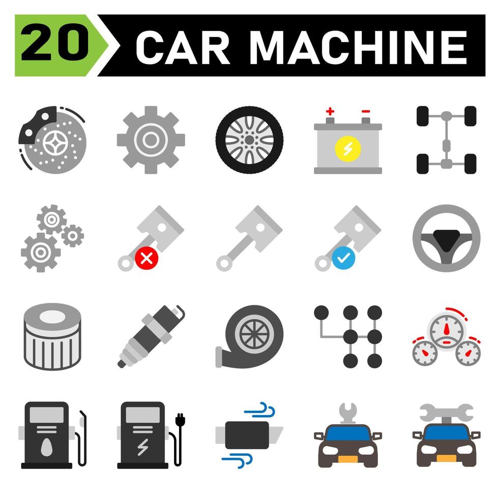 car machine icon set include brake, disc, brakes, automobile, service, gear, part, setting, cog, cog wheel, wheel, tires, car, assembling, tire, machine, battery, accumulator, repair, piston, forces vector