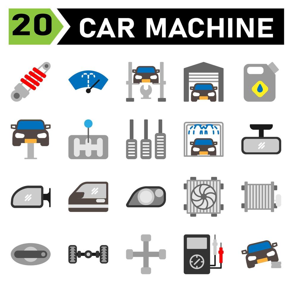 car machine icon set include shock breaker, service, automobile, car part, washer, wiper, windscreen, windshield, hydraulic ramp, jack, lifting, repair, car, garage, parking, warehouse, jerry, oil vector