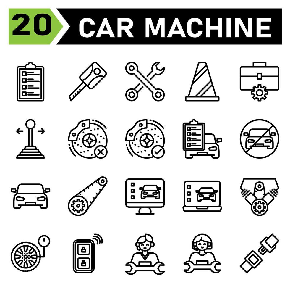 car machine icon set include car service, list, mechanic, repair, automobile, key, machine, motor, keys, lock, secure, toolkit, wrench, tools, service, cone, traffic, sign, workshop, gear, stick, car vector