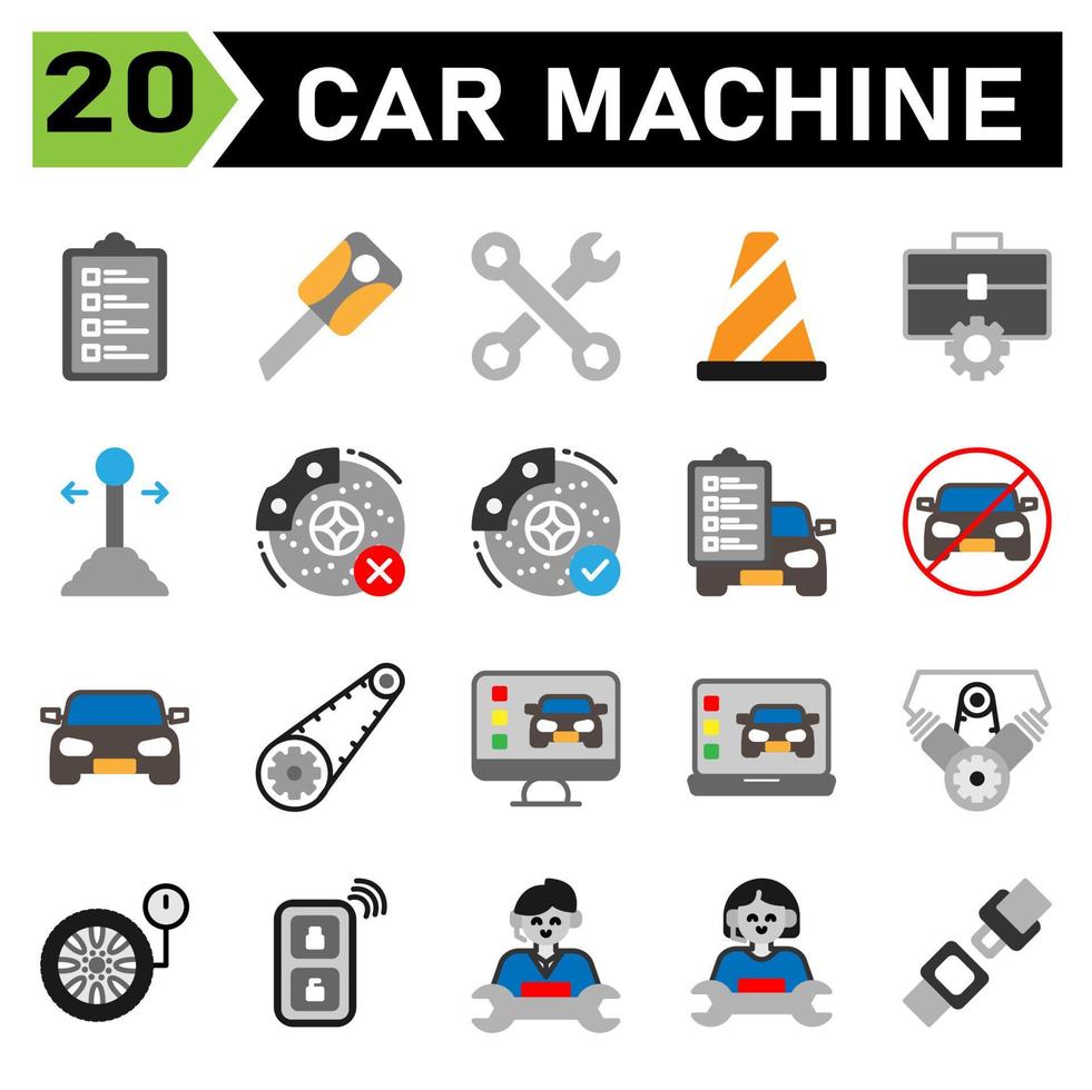 car machine icon set include car service, list, mechanic, repair, automobile, key, machine, motor, keys, lock, secure, toolkit, wrench, tools, service, cone, traffic, sign, workshop, gear, stick, car vector