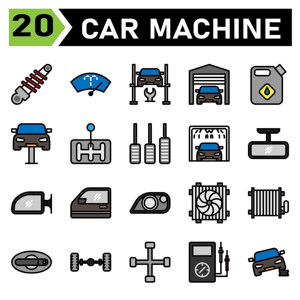 car machine icon set include shock breaker, service, automobile, car part, washer, wiper, windscreen, windshield, hydraulic ramp, jack, lifting, repair, car, garage, parking, warehouse, jerry, oil vector