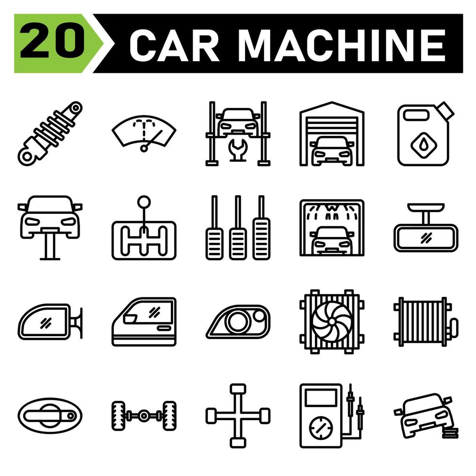 car machine icon set include shock breaker, service, automobile, car part, washer, wiper, windscreen, windshield, hydraulic ramp, jack, lifting, repair, car, garage, parking, warehouse, jerry, oil vector