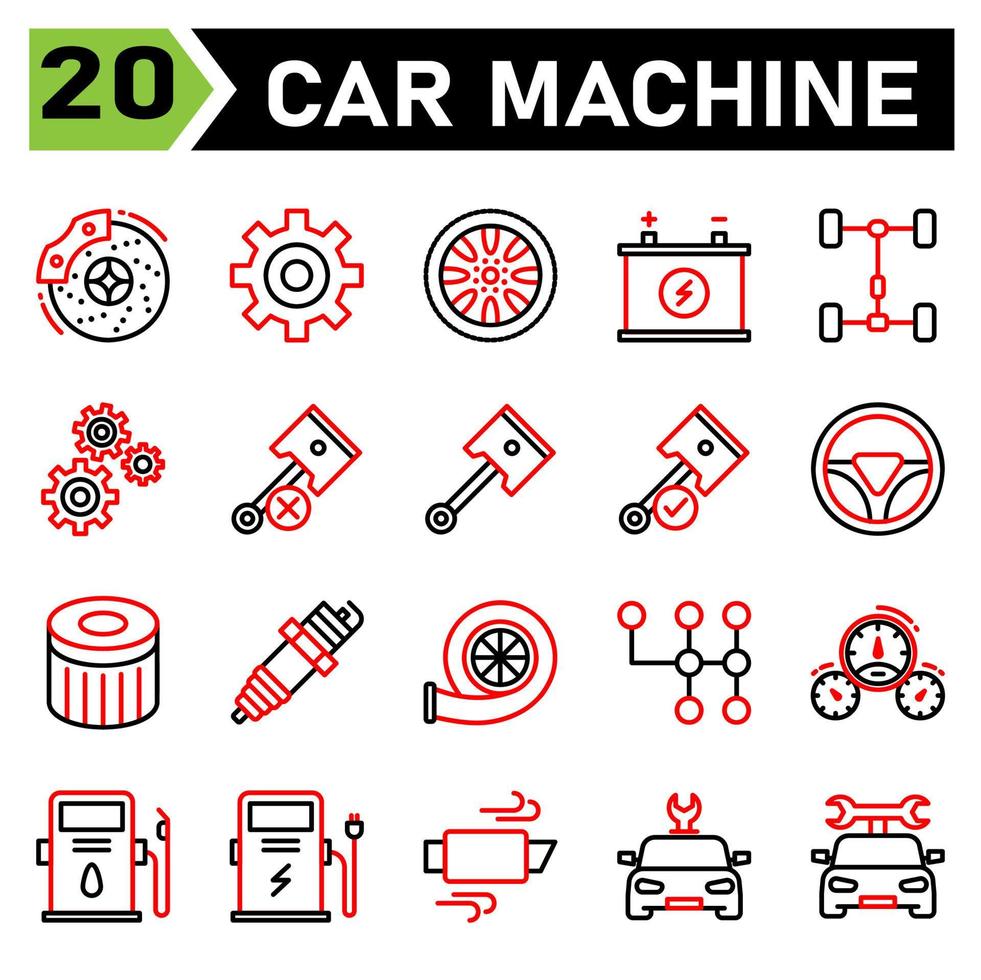 car machine icon set include brake, disc, brakes, automobile, service, gear, part, setting, cog, cog wheel, wheel, tires, car, assembling, tire, machine, battery, accumulator, repair, piston, forces vector