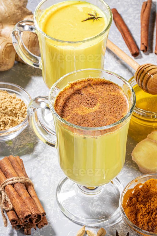 Ayurvedic turmeric milk. Two glasses for mulled wine with golden milk with ingredients on light grey. photo