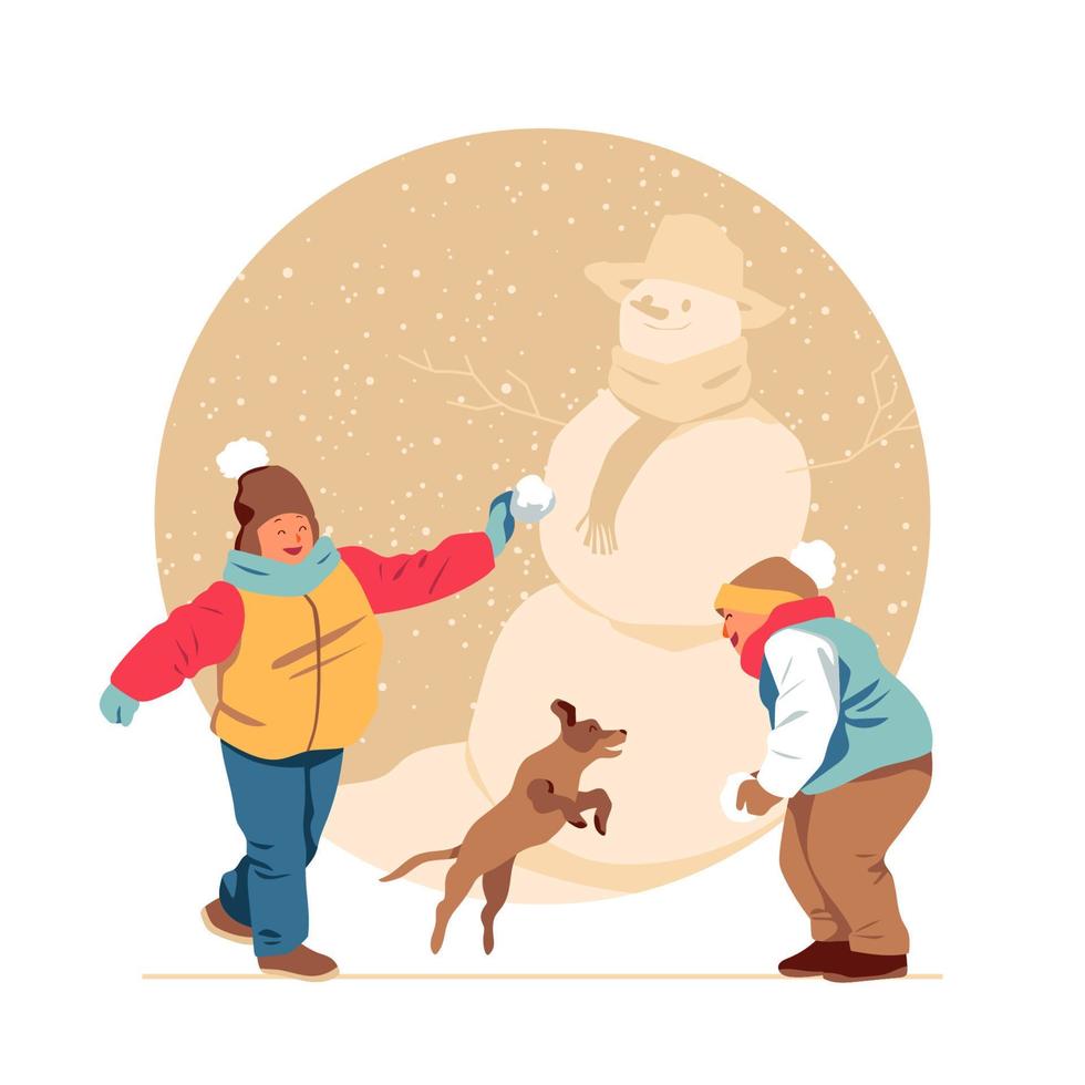Kids and a Dog Playing in the Snow vector